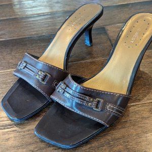 Nine West Cute Vintage Dark Brown Leather Slip On Sandal Kitten Heels 10 M